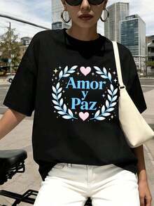 Camiseta extragrande con estampado "Amor y Paz" para primavera, estilo hip-hop urbano, transpirable, con estampado llamativo. Blusas Bonito 100% Algodón - Negro - Ver 1