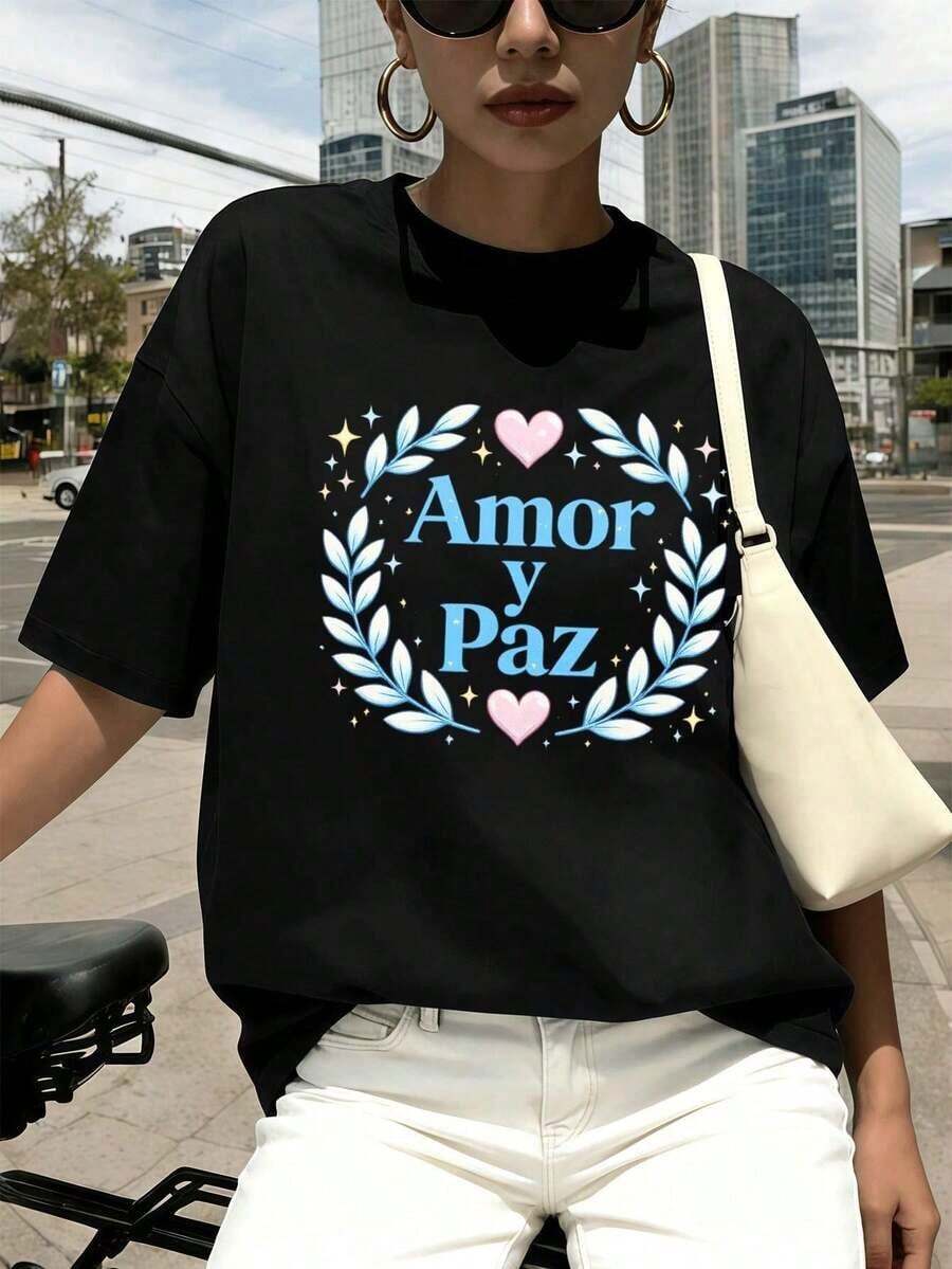 Camiseta extragrande con estampado "Amor y Paz" para primavera, estilo hip-hop urbano, transpirable, con estampado llamativo. Blusas Bonito 100% Algodón - Negro - Ver 1