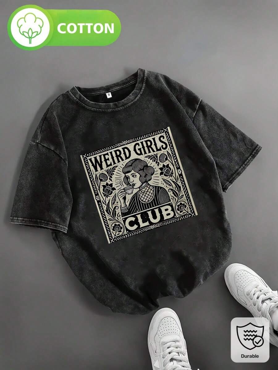 1 camiseta de algodón lavado con estampado moderno para mujer - algodón grueso de 230g, estilo vintage urbano, cuello redondo, manga corta, lavable a máquina, adecuada para uso casual en primavera y verano, camiseta holgada única para mujer, una opción popular para uso diario, regalo perfecto para las vacaciones. 180g 100% algodón. - Negro - Ver 1