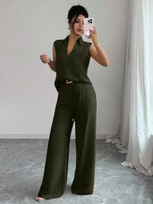 Set de 2 piezas de top sin mangas de cuello en V y pantalones rectos con decoración de cinturón holgado, de estilo casual y versátil para mujer, para primavera/verano - Verde militar - Ver 5