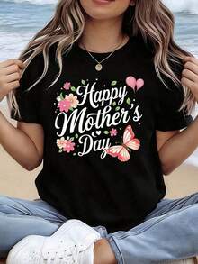Women's Floral Butterfly Print T-Shirt With "Happy Mother's Day" - [Special Holiday Offer] - Round Neck, Short Sleeve, Spring/Summer. Suitable For Casual Shopping, Holiday Gifts, Friend Gatherings, Music Festivals, And Vacation Wear. 100% Cotton. - 白色 - 查看 6