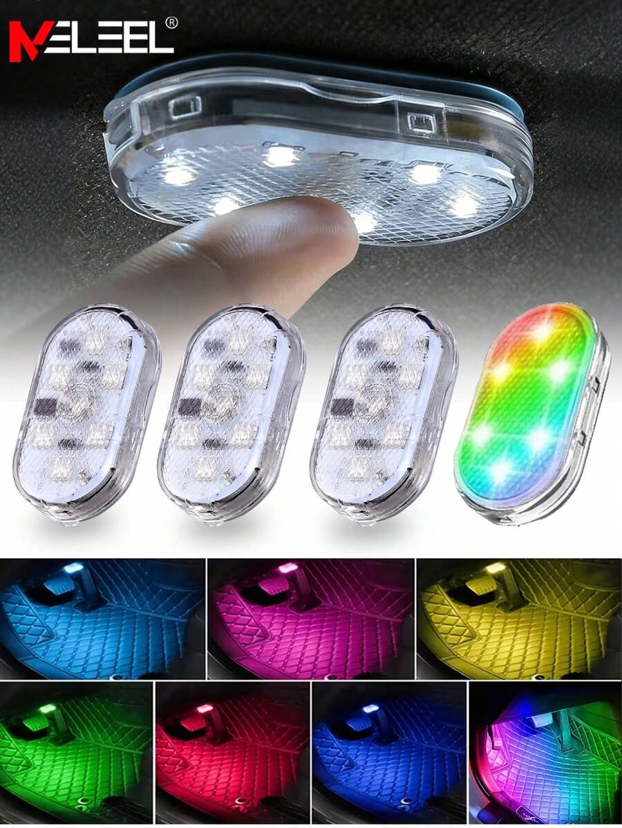 KELEEL 2/4pcs Wireless Car Interior LED Lights, 7 Color Car Interior Light Strip With 6 Bright LED Beads, Portable USB Rechargeable Car Interior LED Night Light For Car Decor