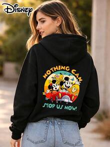 Disney Official Authorization | Women's Hoodie Featured With Vintage Road Trip Themed Print Of Mickey Mouse, Minnie Mouse And Pluto. Loose Oversize Fit, Perfect For Daily Casual Wear, Outings And Shopping, And Also An Ideal Gift Option. - 黑色 - 查看 1
