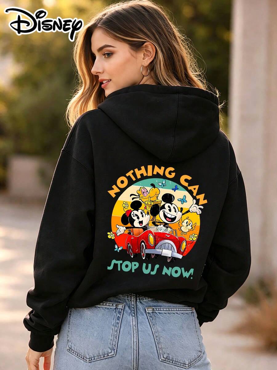 Disney Official Authorization | Women's Hoodie Featured With Vintage Road Trip Themed Print Of Mickey Mouse, Minnie Mouse And Pluto. Loose Oversize Fit, Perfect For Daily Casual Wear, Outings And Shopping, And Also An Ideal Gift Option. - 黑色 - 查看 1