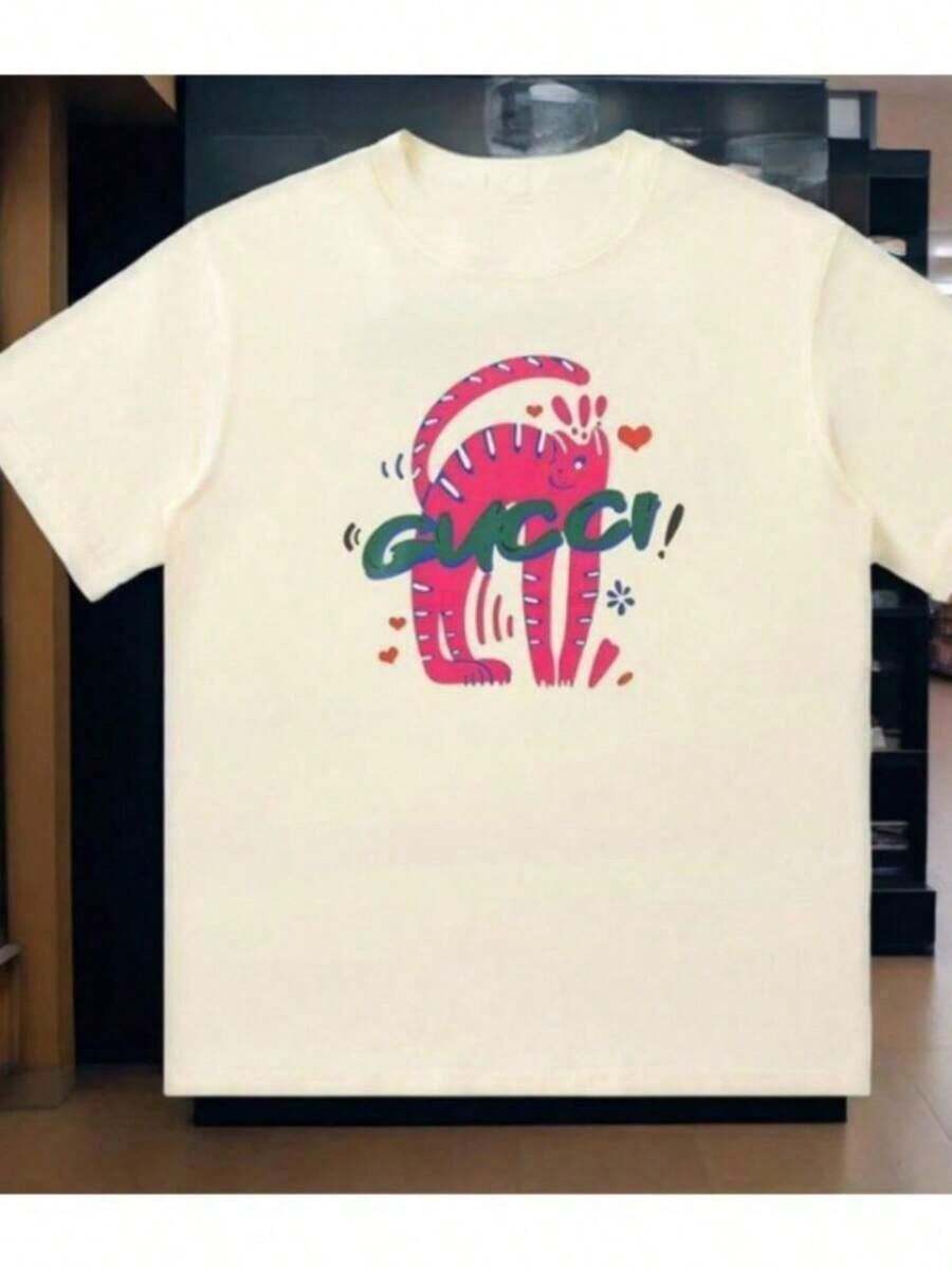 Women's Blouses 2026, Casual Short-Sleeved Loose-Fitting INS Brand High-End Printed New T-Shirts For Men And Women, Cool Summer Clothing. - 杏色 - 查看 1