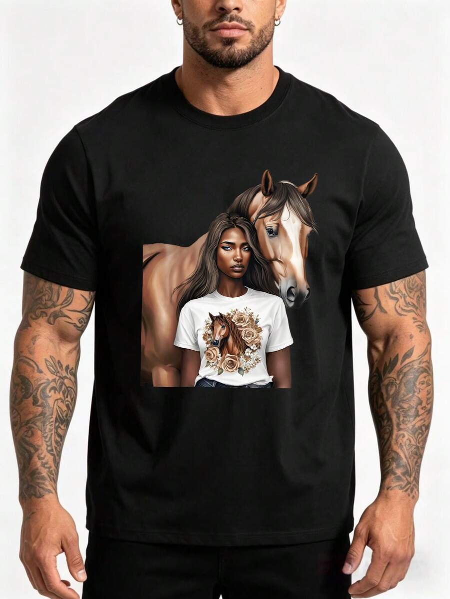 Equestrian-Themed T-Shirt - This Loose-Fitting, Crew-Neck T-Shirt Is Perfect For Riding Enthusiasts. It's Machine Washable And Makes A Great Gift. Ideal For Year-Round Wear, This Equestrian-Themed Shirt Is Suitable For Everyday Or Special Occasions. Perfect For Parties And Daily Wear, It's Also Great For Vacations And Leisure Time, Family Holidays, Urban Style, Fashion, Party Outfits, And Casual Summer Wear. - 黑色 - 查看 1