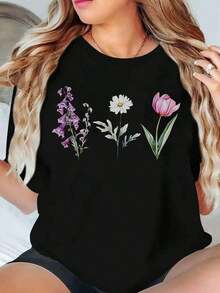 Camiseta con Estampado Floral para Mujer, Top Casual de Manga Corta de Verano con Diseño de Margaritas, Tulipanes y Vaino para Uso Diario y Temporada de Primavera - Negro - Ver 2