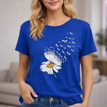 Camiseta de algodón puro para mujer, tallas 0XL-5XL, con estampado de margaritas, manga corta, cuello redondo, estilo casual, transpirable y suave para uso diario, corte holgado, camiseta de moda de verano para mujeres con curvas, color negro. - Azul - Ver 1