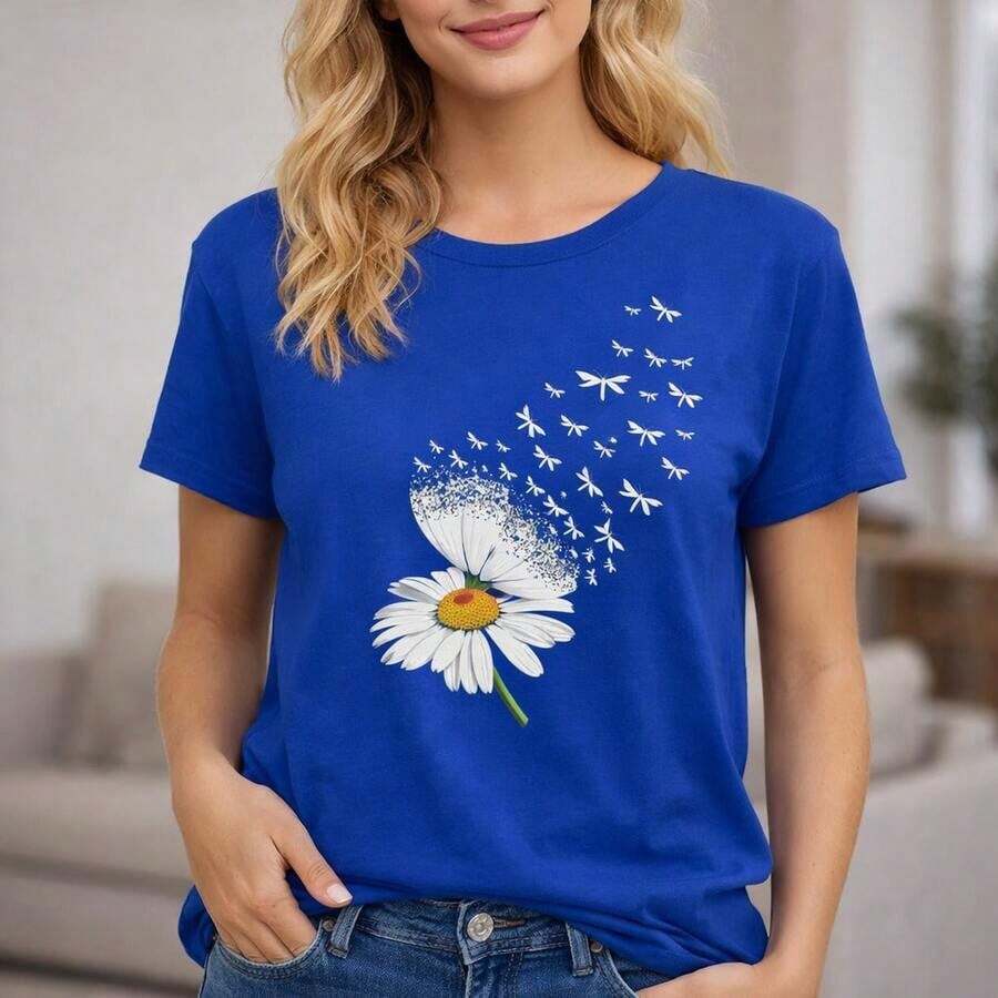 Camiseta de algodón puro para mujer, tallas 0XL-5XL, con estampado de margaritas, manga corta, cuello redondo, estilo casual, transpirable y suave para uso diario, corte holgado, camiseta de moda de verano para mujeres con curvas, color negro. - Azul - Ver 1