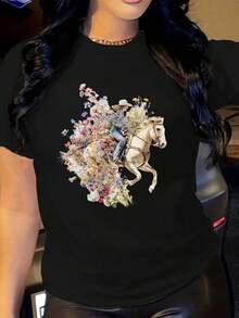 Women's Denim Floral Print T-Shirt - Casual Short Sleeve, Crew Neck, Stretch Blend, White With Vibrant Wildflower And Horse Design, Perfect For Spring And Summer - 黑色 - 查看 6