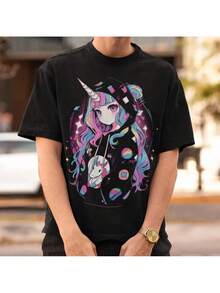 Camiseta con estampado de anime retro, camiseta de moda estilo punk urbano, camiseta unisex de estilo gótico pastel con diseño de unicornio para chicas, camiseta de anime de talla grande.| Ropa urbana de Harajuku| Ropa urbana japonesa| Estética de las alfombrillas antideslizantes - Negro - Ver 6