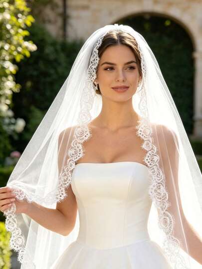 1pc High-Quality Soft Lace Trim Veil, Short Fingertip Length Wedding Bridal Accessory