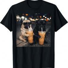 Funny Meme Two Pugs Drinking Iced Coffee T-Shirt - Black - View 1