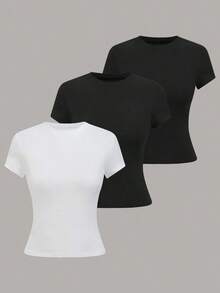 Camiseta de mujer de unicolor y manga corta, sencilla, casual y versátil - Multicolor 6 - Ver 7