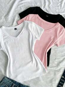 3 piezas Camisetas ajustadas de cuello en V de verano para mujer, camisetas básicas de manga corta de ajuste ceñido de unicolor con estampado de anime de la subcultura punk - Multicolor - Ver 4