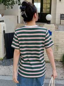 Camiseta de manga corta a rayas contrastantes, verano - Verde 2 - Ver 2