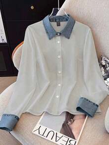 Camisa de efecto de mezclilla de parchwork casual para mujer, otoño/invierno - Gris - Ver 3