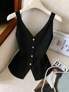 Nuevo Llegado para el Día de San Valentín 2025 Blusa de Tirantes con Cuello en V Profundo, Lazo en la Cintura y Moño para Mujer, Estilizante - Negro - Ver 5