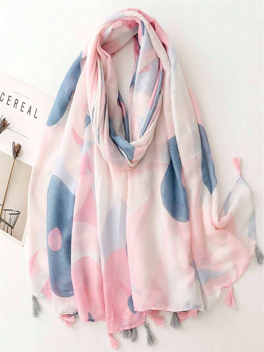 Floral Print Tassel Decorated Scarf - Pink - View 1