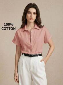 Nueva llegada Camisa casual de manga corta con botones delanteros de unicolor, adecuada para uso diario, primavera/verano - Rosa vieja - Ver 9