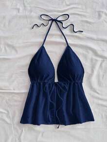 Top sin espalda de tirantes en color amarillo pálido semitransparente estilo casual de resort, adecuado para el verano - Azul marino - Ver 3