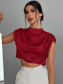 Blusa de mujer con cuello mao de unicolor y pliegues, informal y elegante, manga de murciélago fruncida, ajuste regular, top casual de uso diario para primavera/verano - Burdeos 2 - Ver 7