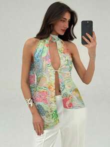 Top con cuello halter y espalda descubierta, asimétrico y sexy para mujer - Multicolor 3 - Ver 8