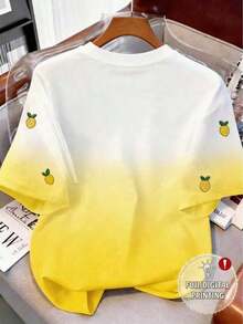 Camiseta casual de mujer con estampado de limón, camiseta gráfica con patrón de limón bordado falso de cuello redondo y estampado digital todo sobre - Multicolor 2 - Ver 2