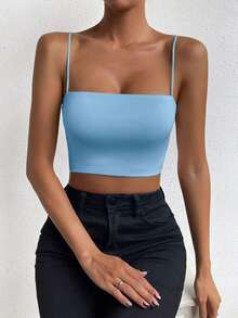 Top corto de color sólido ChicEase - Azul - Ver 1