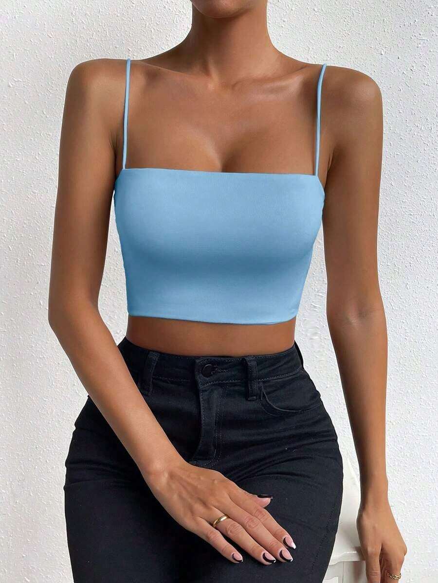 Top corto de color sólido ChicEase - Azul - Ver 1