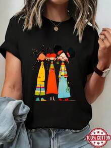 Women's T-Shirt With Multicolored Braided Cartoon Print, Versatile Casual Short-Sleeve 100% Cotton Round Neck T-Shirt, Breathable Spring/Summer/Autumn T-Shirt, Suitable For Casual Wear, Women's Short-Sleeve Round Neck T-Shirt - 黑色 - 查看 1