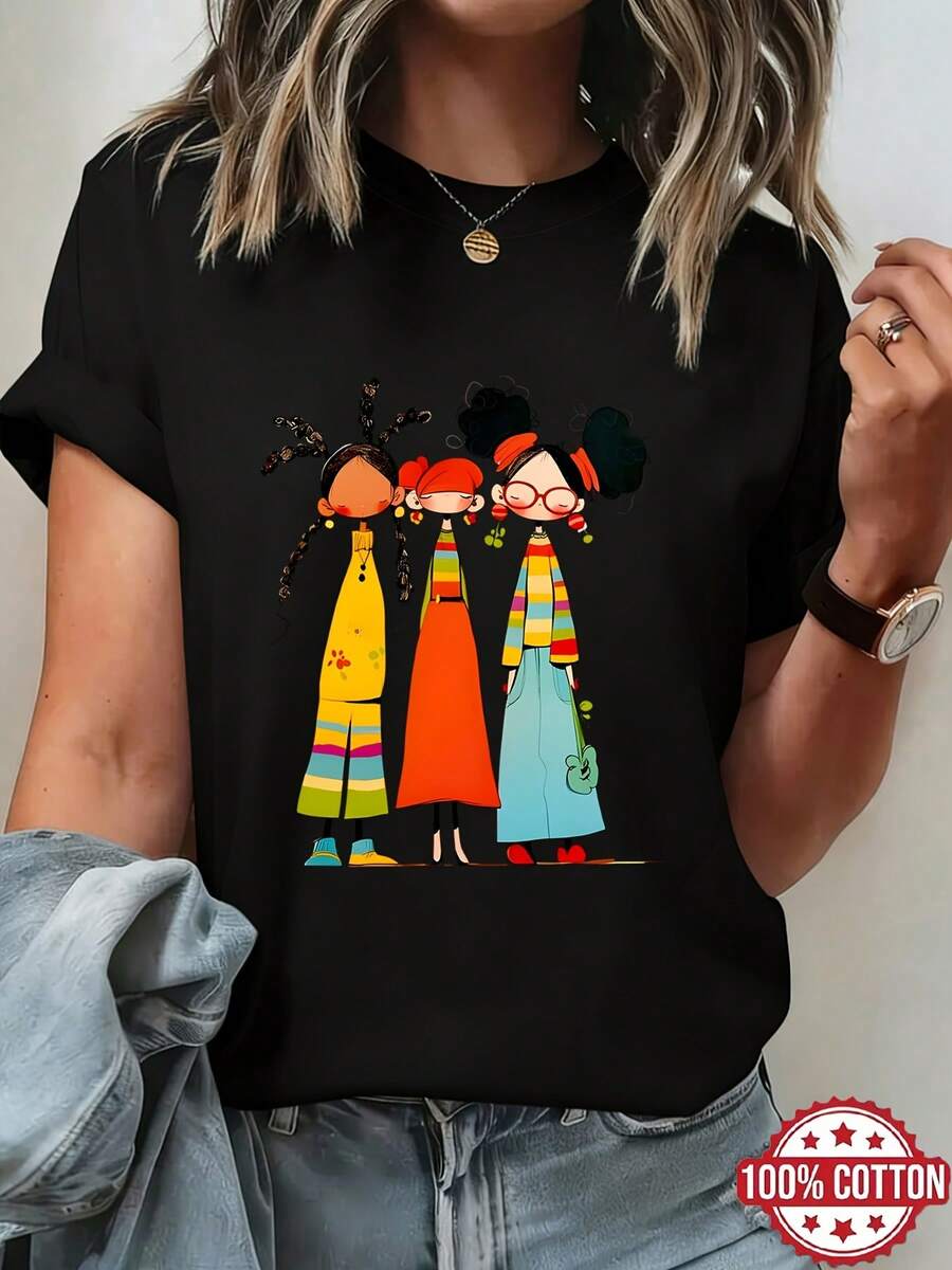 Women's T-Shirt With Multicolored Braided Cartoon Print, Versatile Casual Short-Sleeve 100% Cotton Round Neck T-Shirt, Breathable Spring/Summer/Autumn T-Shirt, Suitable For Casual Wear, Women's Short-Sleeve Round Neck T-Shirt - 黑色 - 查看 1