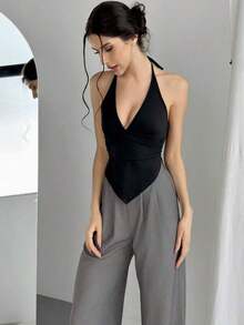 Top corto con escote en V profundo, cuello de halter, tirantes con lazo y espalda descubierta para mujer - Negro - Ver 5