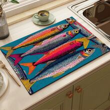 1 pieza Estera absorbente/secado con estampado de pescado salado para cafetera, vajilla - Estera protectora absorbente de poliéster para escritorio con almohadilla antideslizante de goma, para decoración de la cocina, bar en casa y mesa de comedor - Multicolor - Ver 4