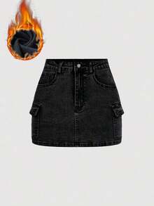 Minifalda casual cargo de mezclilla lavada para mujer - Negro - Ver 1