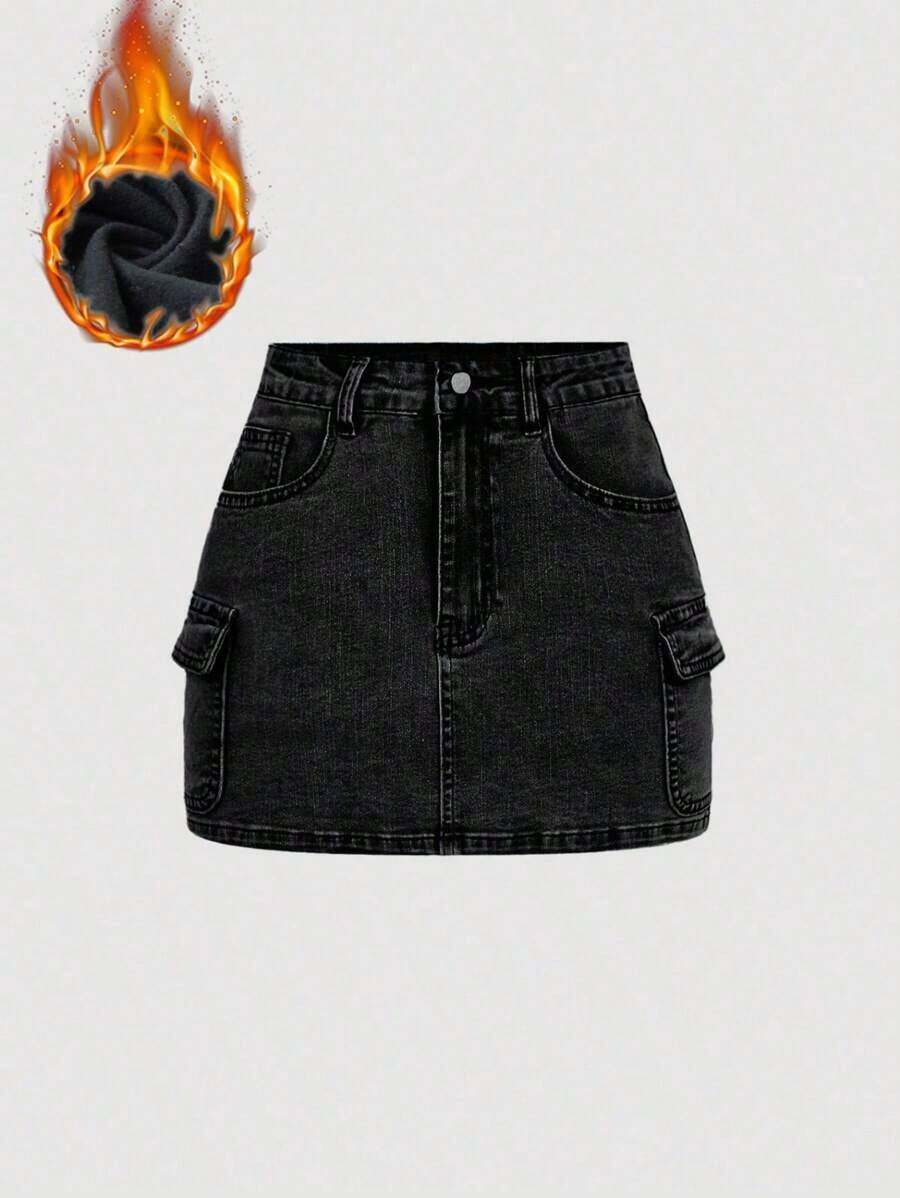 Minifalda casual cargo de mezclilla lavada para mujer - Negro - Ver 1