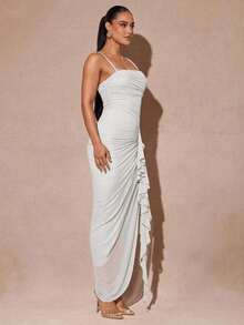 xheSilquee Elegante vestido verde salvia con mangas abullonadas románticas y abertura alta, vestido de fiesta ajustado con encaje para el Día de San Valentín, citas, invitados de boda, baile de graduaciónxhe - Blanco - Ver 5