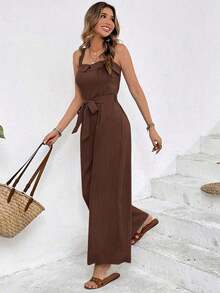 Mono holgado de unicolor y textura casual para mujer, de verano - Café integral - Ver 6
