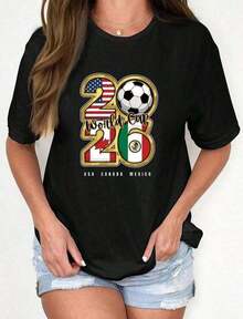 Camisetas de Verano 2026 Unisex de Algodón Puro, Camisetas Estampadas para Hombre y Mujer, Patrón de la Copa Mundial 2026 (EE. UU., Canadá, México), Estilo Deportivo Casual, Ropa de Verano - Negro - Ver 6