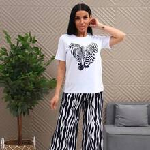 Camiseta de Verano 2026 para Mujer, Cuello Redondo, Manga Corta, Talla Grande, Corte Holgado, Estampada, de Algodón, para Cubrir el Vientre - Blanco - Ver 1
