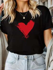 Camiseta con Estampado de Corazón Negro |   Camiseta Holgada de Manga Corta para Mujer, Cuello Redondo Casual, Patrón Geométrico, para Todas las Temporadas, Detalles de Bloques de Color, Corte Regular - Negro - Ver 1