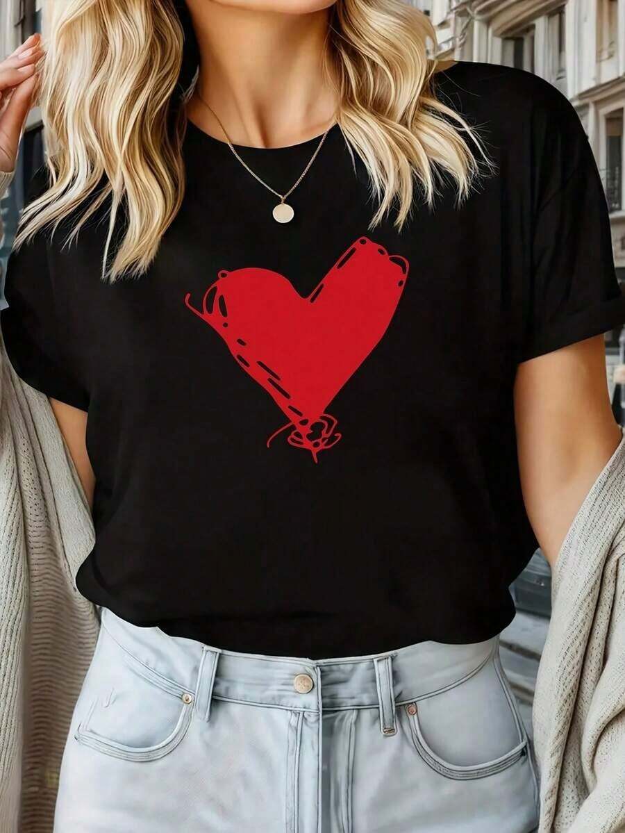 Camiseta con Estampado de Corazón Negro | Camiseta Holgada de Manga Corta para Mujer, Cuello Redondo Casual, Patrón Geométrico, para Todas las Temporadas, Detalles de Bloques de Color, Corte Regular - Negro - Ver 1