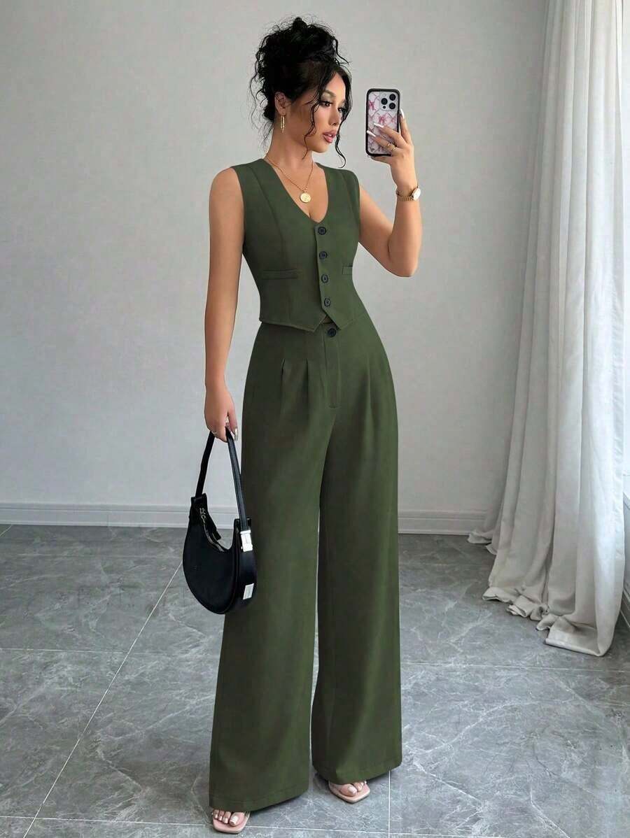Conjunto de top tipo camisola y pantalones plisados de color liso, estilo francés para primavera/verano, para uso casual, streetwear u oficina - Verde militar - Ver 1