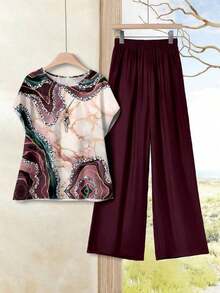 Conjunto de 2 piezas de mujer con efecto tie-dye de mármol, ajustado y versátil, adecuado para primavera/verano, para salir, casual - Multicolor - Ver 4