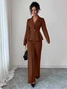 Elenzya Traje elegante que afina la cintura, pantalones acampanados y estilizadores para uso diario, adecuado para vacaciones, citas, Día de la Independencia, atuendo de maestra - Marrón Mocha - Ver 7