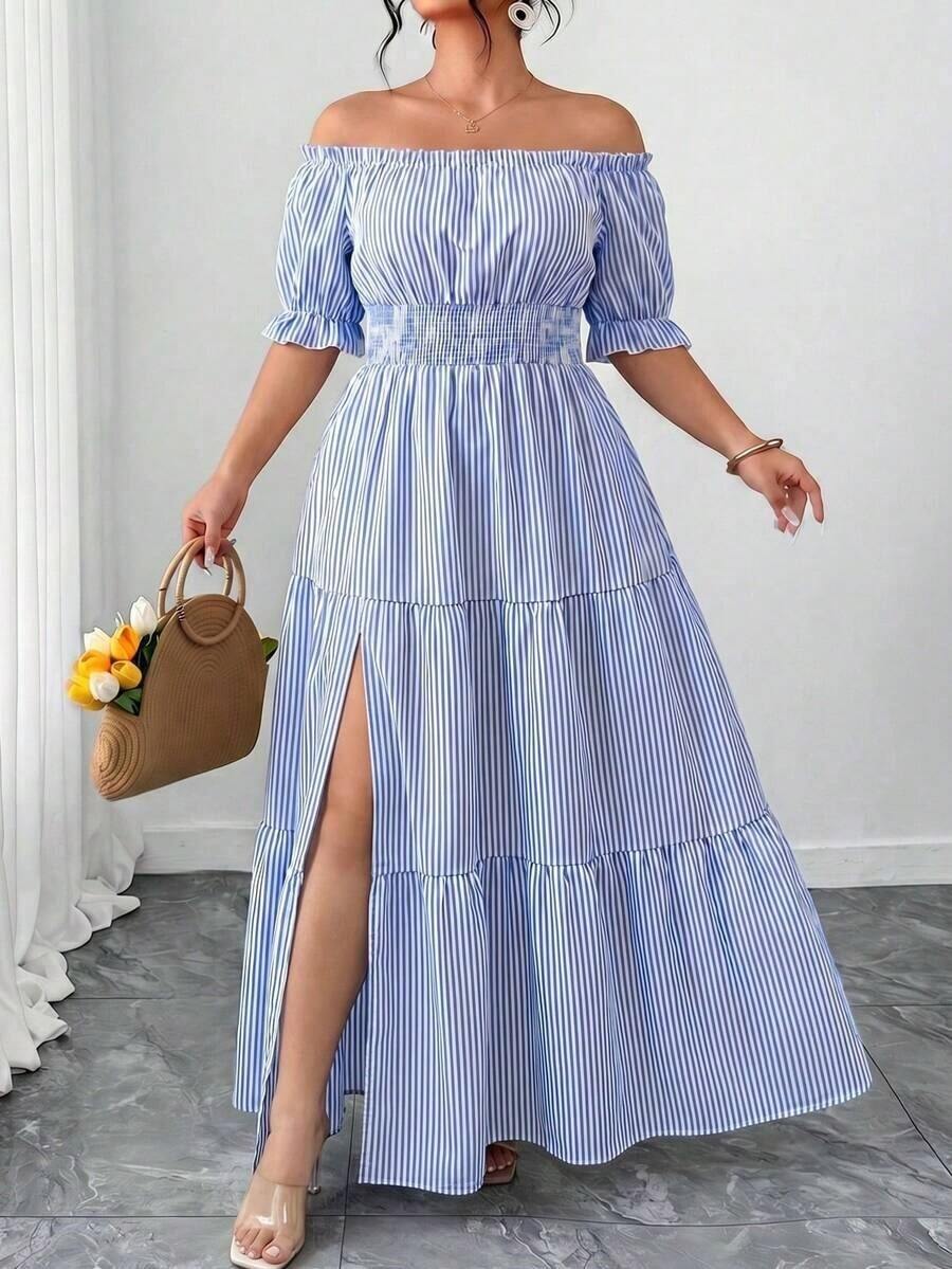 Vestido casual elegante de talla grande para mujer de primavera/verano, en azul sólido de aspecto de mezclilla con cintura fruncida y con abertura lateral - Azul - Ver 1