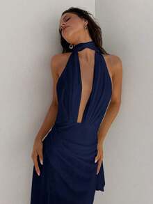 Vestido de gasa con cuello en V profundo y espalda descubierta con faja para fiesta de boda, vacaciones, primavera verano para mujer - Azul marino - Ver 3