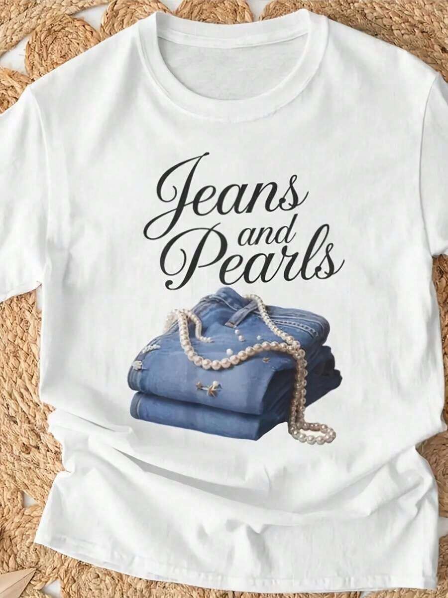 Camiseta Oversize para Mujer, JEANS Y PERLAS con Efecto 3D, 100% Algodón, Suave y Transpirable, Estampado Duradero, Lavable a Máquina, Manga Corta y Cuello Redondo. Camiseta Oversize para Mujer, Uso Diario y Idea de Regalo para Mamá, Abuela, Chica y Amiga. Camiseta Blanca, Holgada, Casual y Versátil, Estilo Y2k. - Blanco - Ver 1