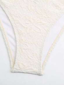 Conjunto de 3 piezas de traje de baño con decoración de tiras tejidas y textura de conchas para mujer, ideal para vacaciones en la playa - Albaricoque - Ver 8