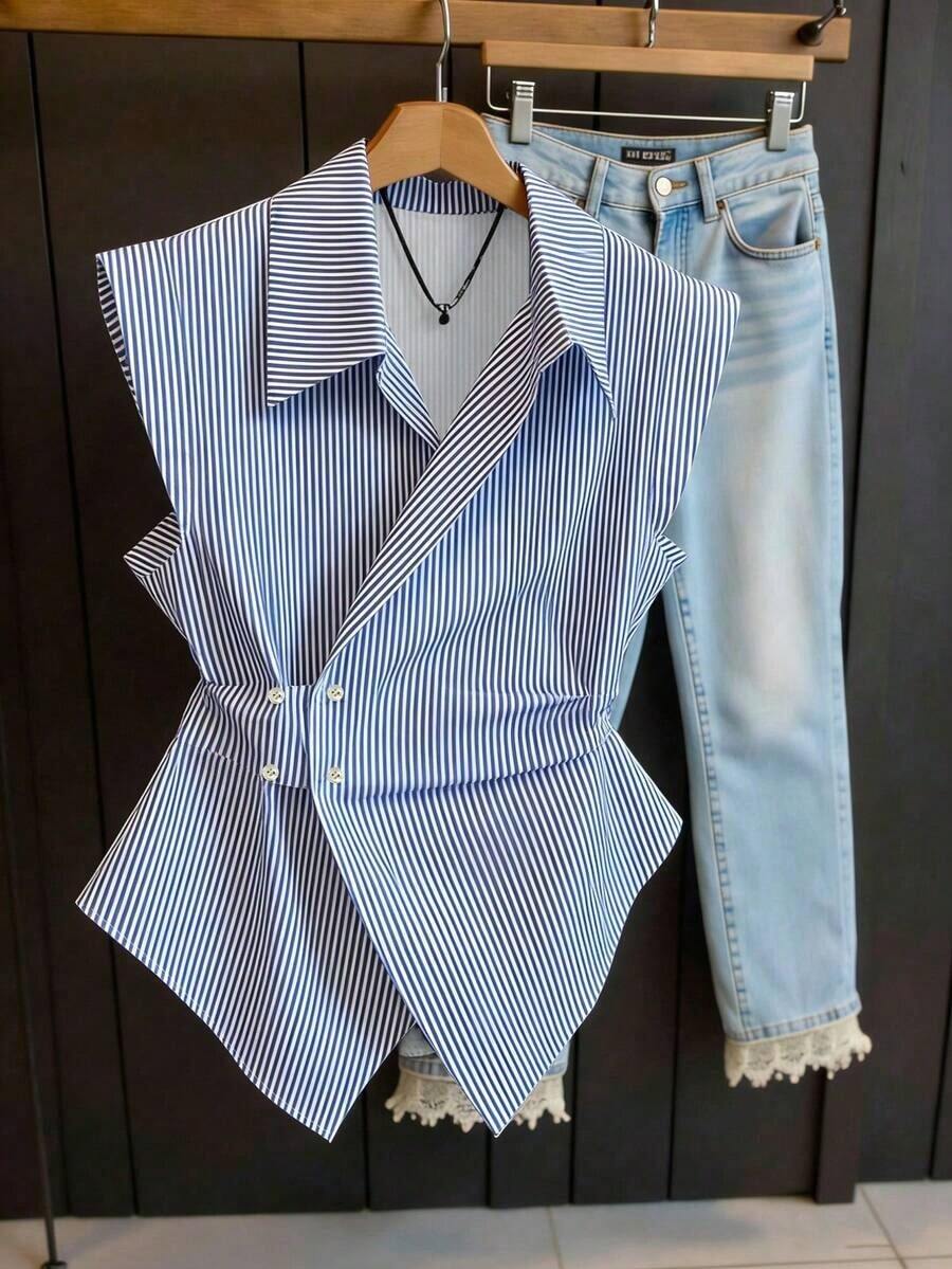 Blusa casual sin mangas con estampado de rayas para mujer, verano - Azul - Ver 1